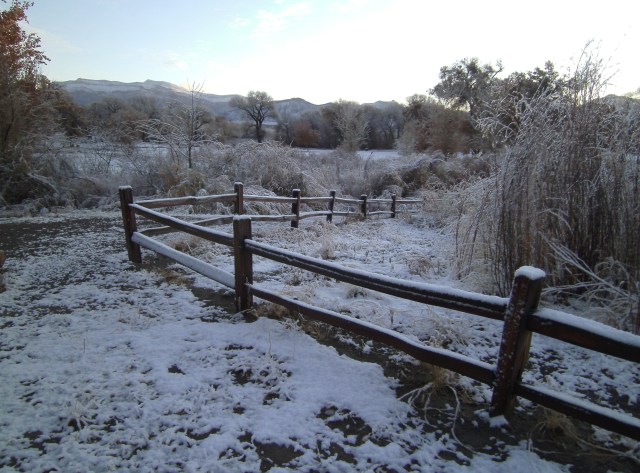 Curve of fence at snowy Percha Dam